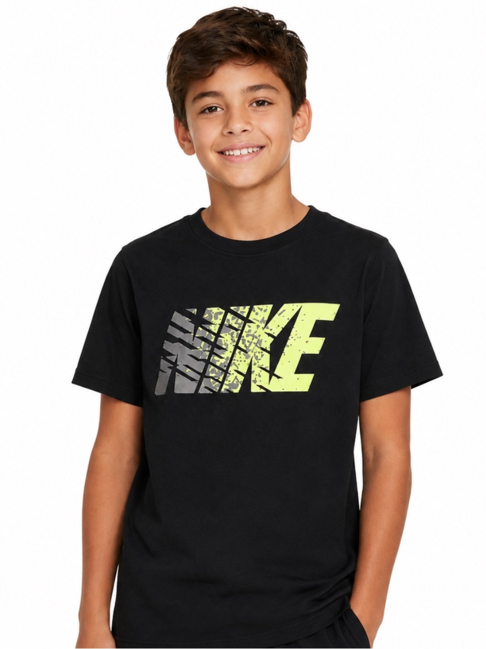Nike Graphic Logo T-Shirt Black Neon Yellow Boys Size L